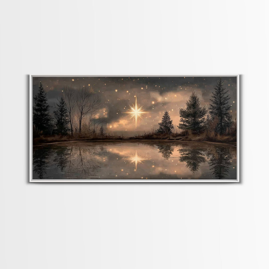 Night Star Reflection, Framed Canvas Print, Christian Art Canvas, Christmas Wall Art, Christian Christmas Art, Moody Christmas Art, Christi