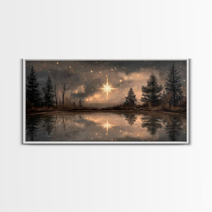 Night Star Reflection, Framed Canvas Print, Christian Art Canvas, Christmas Wall Art, Christian Christmas Art, Moody Christmas Art, Christi