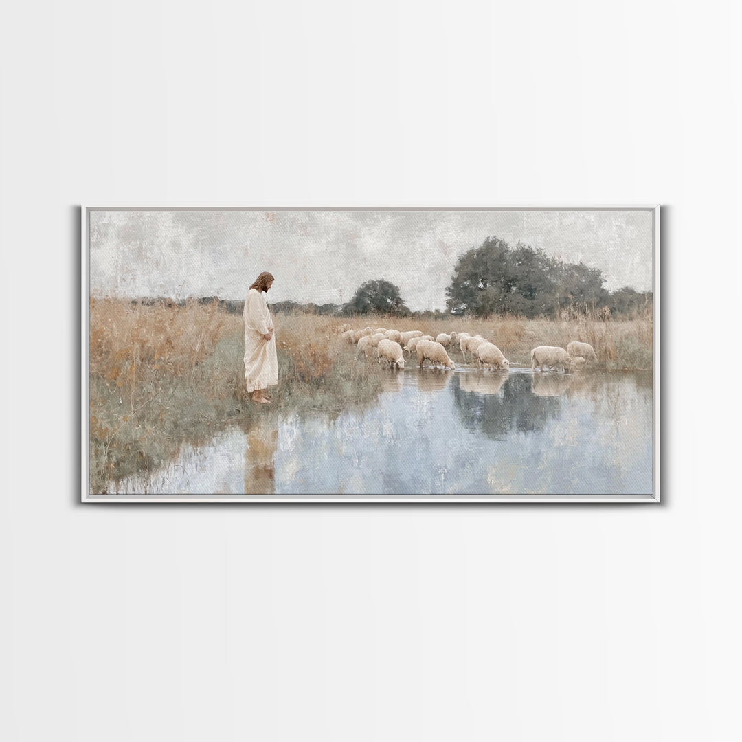 Gentle Shepherd Light – Framed Canvas Print – Christian Wall Art – Jesus Painting – Christian Art Canvas – Pastoral Scenery – Christian Chr