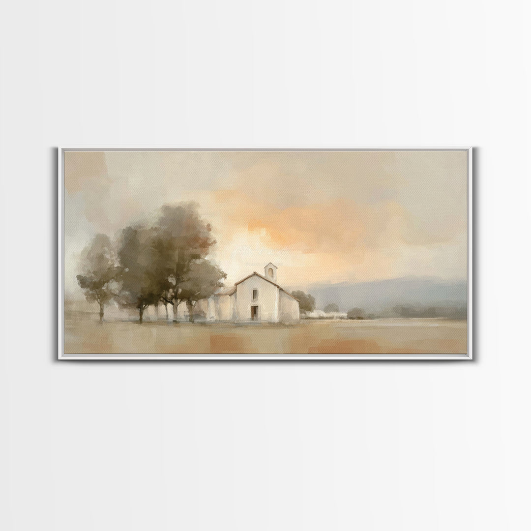 Chapel At Dawn – Framed Canvas Print – Christian Wall Art – Minimalist Christian Art – Christian Art Canvas – Modern Christian Painting – P