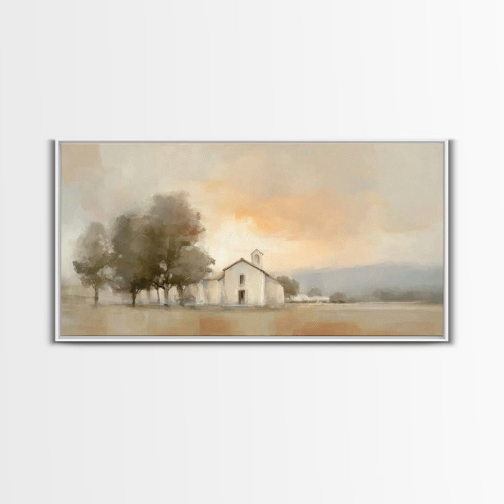 Chapel At Dawn – Framed Canvas Print – Christian Wall Art – Minimalist Christian Art – Christian Art Canvas – Modern Christian Painting – P