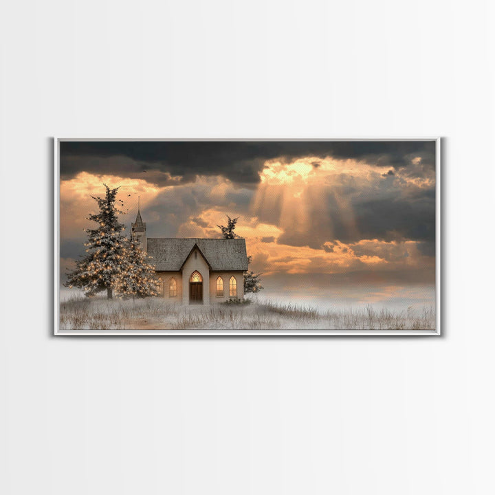 Light Of The Chapel – Framed Canvas Print – Christmas Art – Christian Christmas Art – Christian Wall Art – Christian Art Canvas – Winter Ch