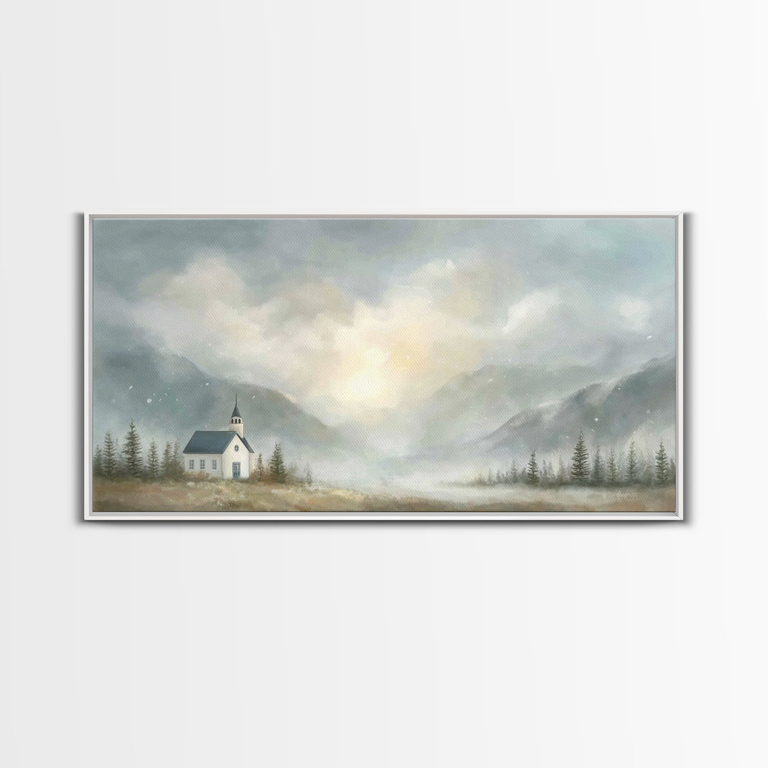Mountain Chapel Light – Framed Canvas Print – Christian Art Canvas – Christian Wall Art – Moody Christian Art – Christian Painting – Modern