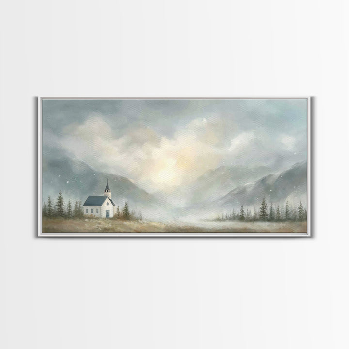 Mountain Chapel Light – Framed Canvas Print – Christian Art Canvas – Christian Wall Art – Moody Christian Art – Christian Painting – Modern