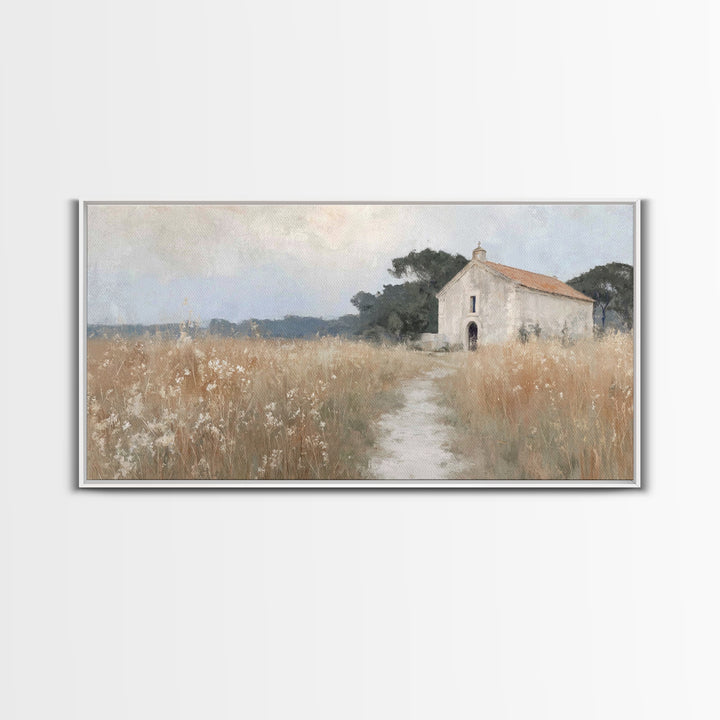 Fieldside Chapel Rest – Framed Canvas Print – Christian Art Work – Christian Wall Art – Christian Art Canvas – Christian Decor – Minimalist