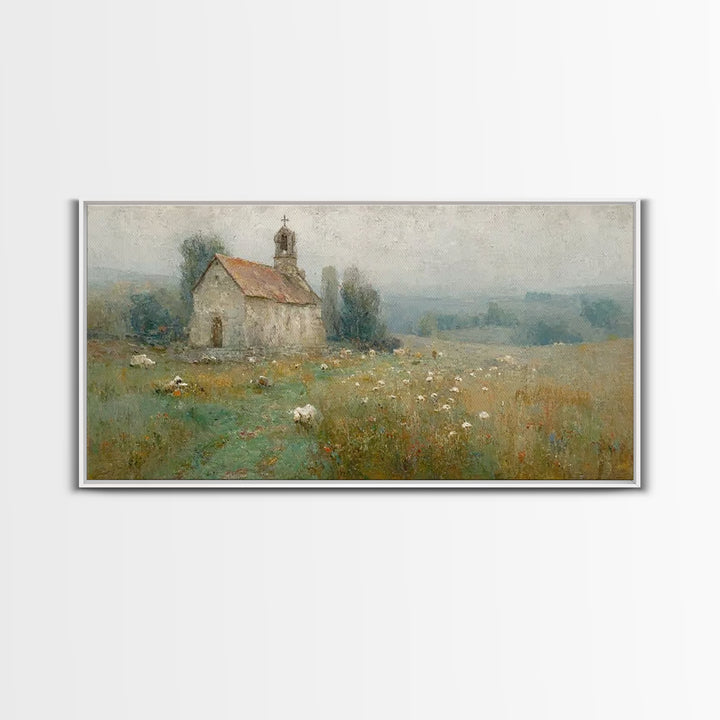 Quiet Chapel Meadow – Framed Canvas Print – Christian Art Canvas – Vintage Christian Art – Christian Painting – Christian Wall Art – Christ