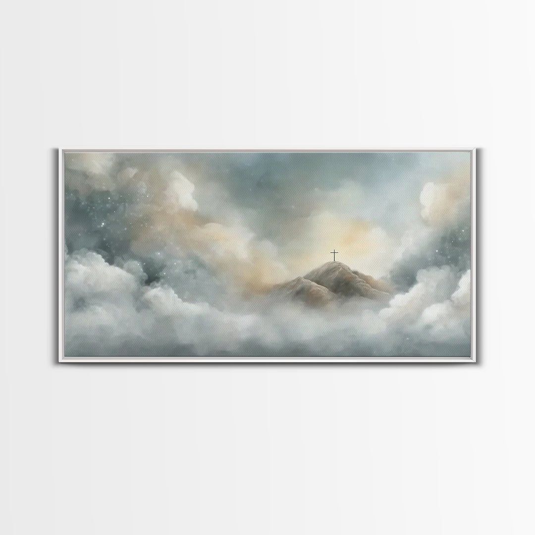 Silent Peaks – Framed Canvas Print – Christian Wall Art – Minimalist Christian Art – Christian Art Canvas – Christmas TV Art