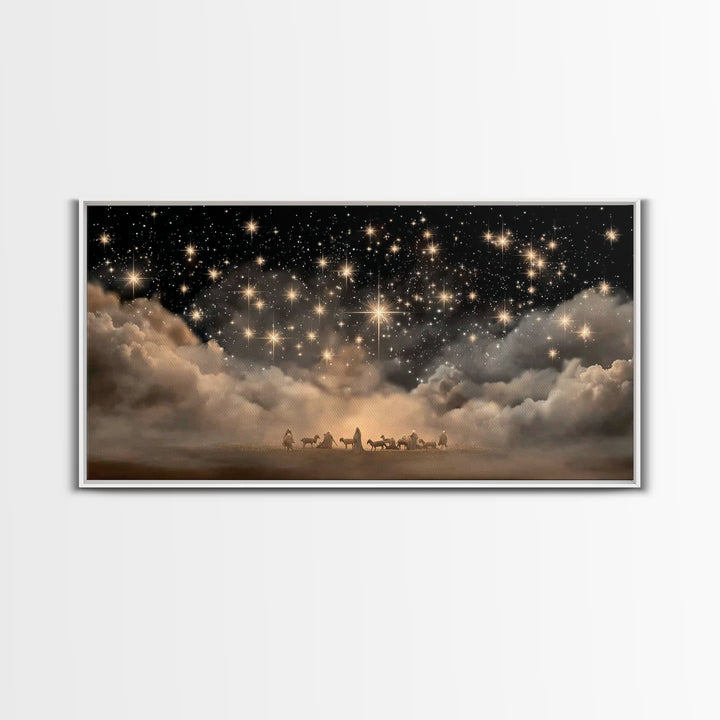 Nativity Night – Framed Canvas Print – Christian Art Canvas – Christmas Art Work – Christian Wall Art – Moody Christmas Art
