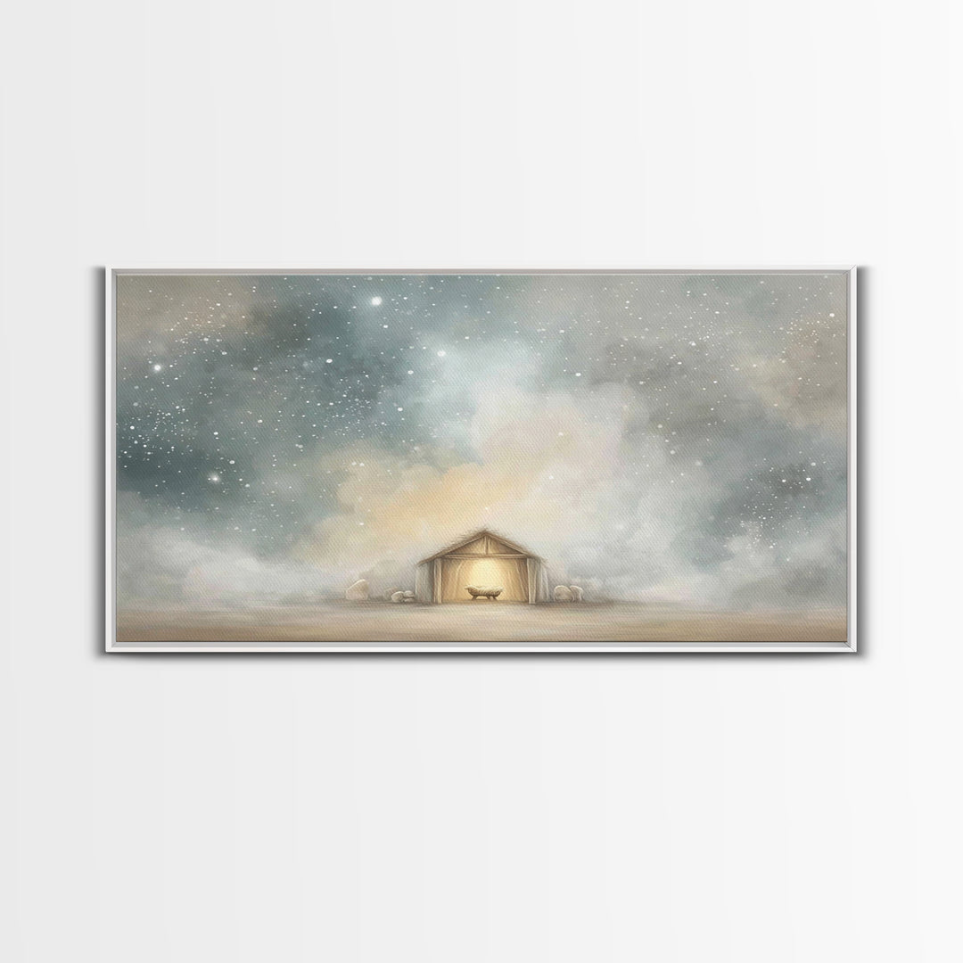 Manger Under Heaven, Framed Canvas Print, Christian Art Canvas, Christmas Art, Christian Christmas Art, Christian Wall Art