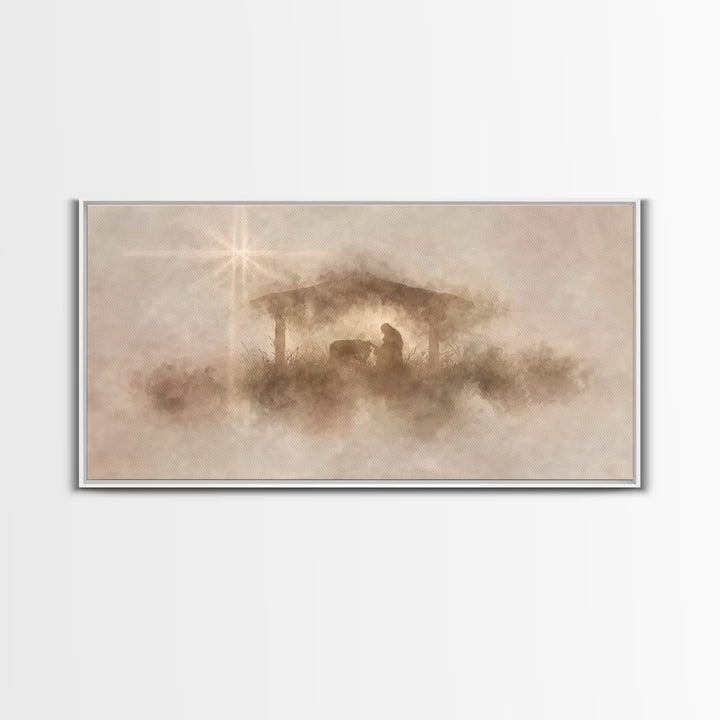 Gentle Nativity Mist | Framed Canvas Print | Christian Christmas Art | Christian Wall Art | Christian Art Canvas | Christmas Art