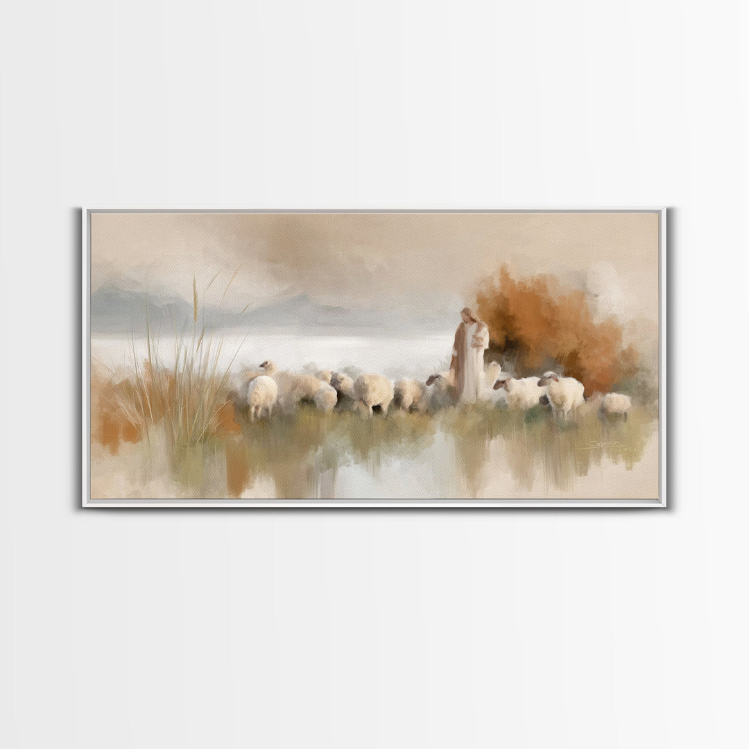 Hillside Shepherd Calm | Framed Canvas Print | Christian Art Canvas | Christian Wall Art | Jesus Painting | Christian Christmas Art | Uniqu