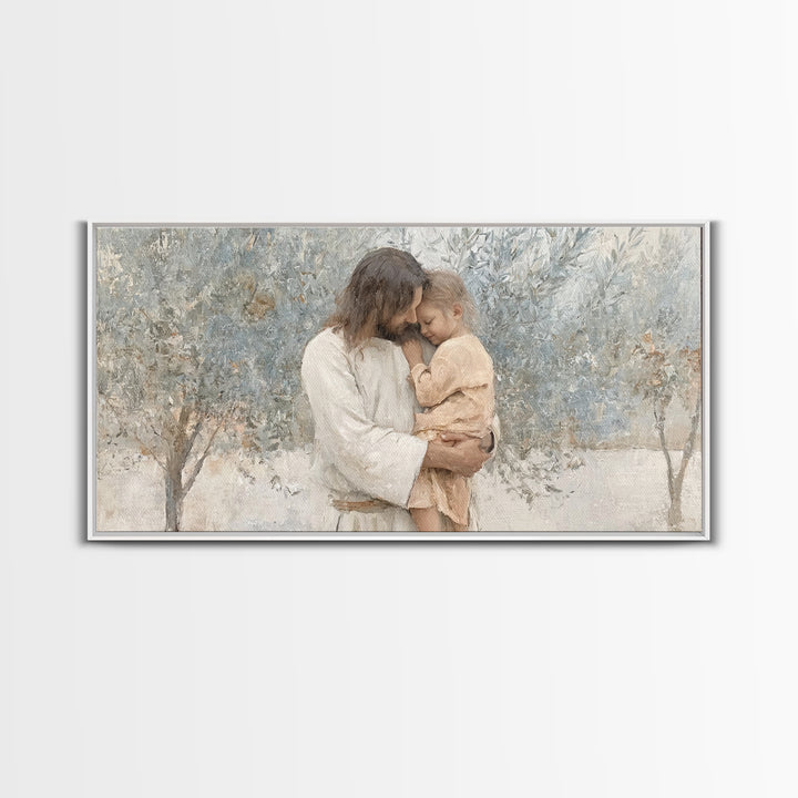 Gentle Embrace, Framed Canvas Print, Jesus Painting Canvas, Christian Art Gift, Christian Wall Art, Modern Christian Art