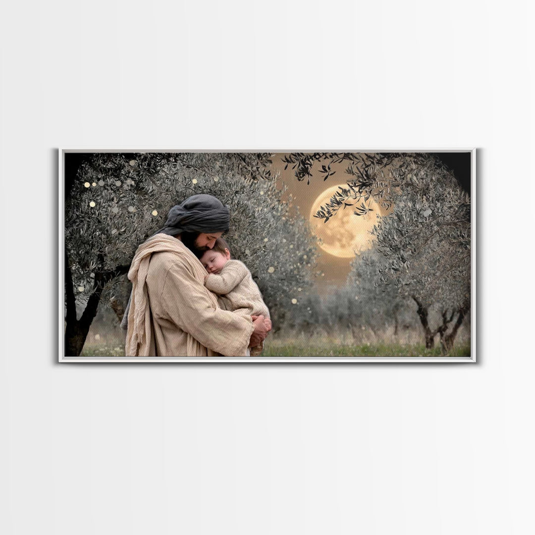 Moonlit Comfort | Framed Canvas Print | Jesus Wall Art | Christian Christmas Art | Christian Art Painting | Unique Christian Art