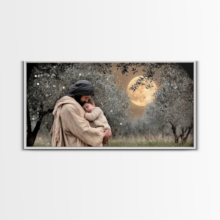 Moonlit Comfort | Framed Canvas Print | Jesus Wall Art | Christian Christmas Art | Christian Art Painting | Unique Christian Art