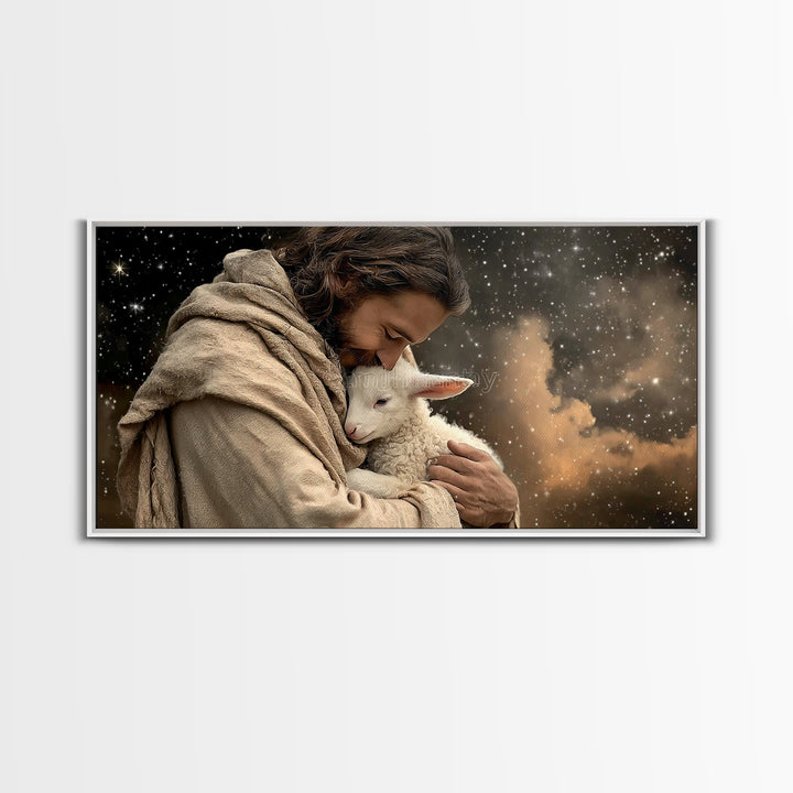 Shepherd’s Embrace – Framed Canvas Print – Christian Art Canvas – Christian Wall Art – Jesus Painting – Christian Christmas Art