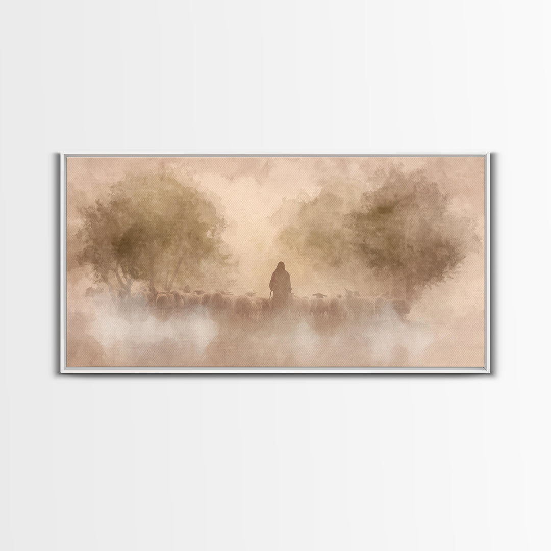 Shepherd’s Dawn Glow | Framed Canvas Print | Christian Art Canvas | Jesus Painting | Christian Wall Art | Moody Christian Art | Christmas W