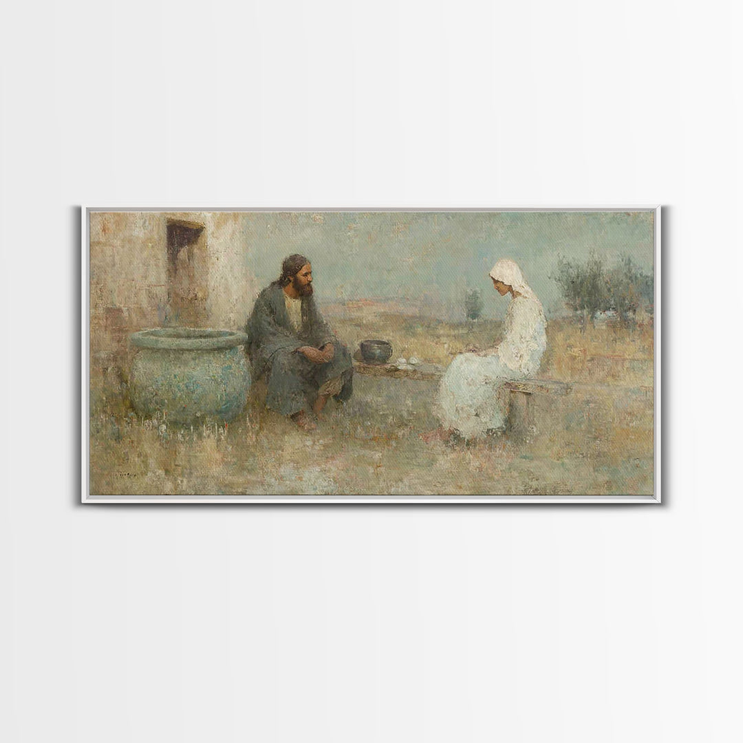 Quiet Well Encounter – Framed Canvas Print – Christian Art Canvas – Christian Painting – Subtle Christian Art – Christian Wall Art – Christ