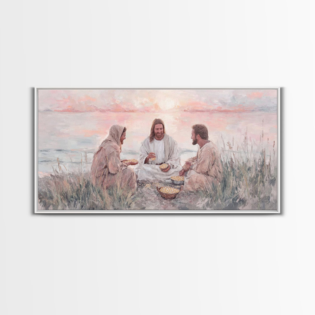 Shoreline Communion – Framed Canvas Print – Christian Wall Art – Jesus Painting – Christian Art Canvas – Modern Christian Art – Christian D