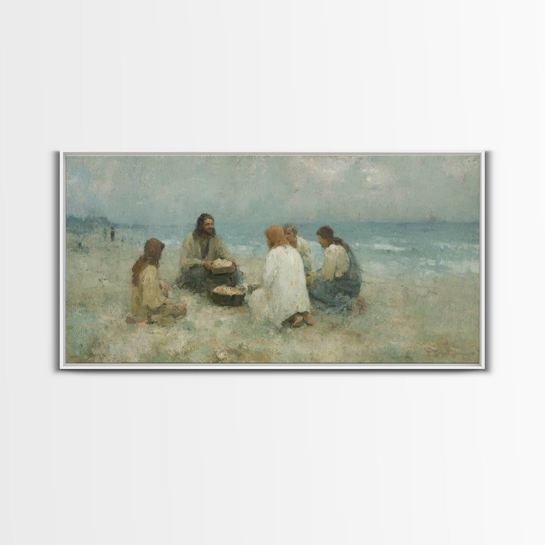 Shoreline Gathering – Framed Canvas Print – Christian Wall Art – Christian Art Canvas – Jesus Painting – Large Christian Art – Christian Gi
