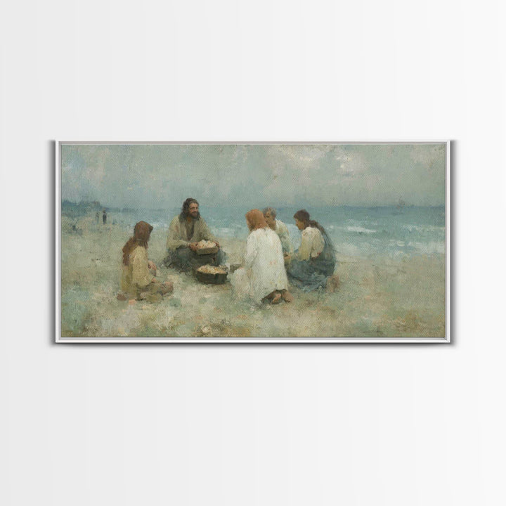 Shoreline Gathering – Framed Canvas Print – Christian Wall Art – Christian Art Canvas – Jesus Painting – Large Christian Art – Christian Gi
