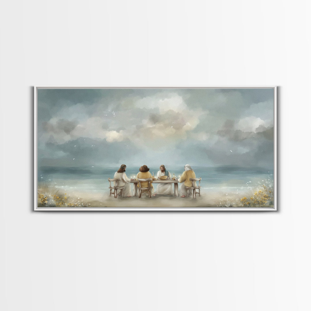 Seaside Supper, Framed Canvas Print, Christian Art Canvas, Christian Wall Art, Modern Christian Painting, Jesus Art Print, Christian Gift I