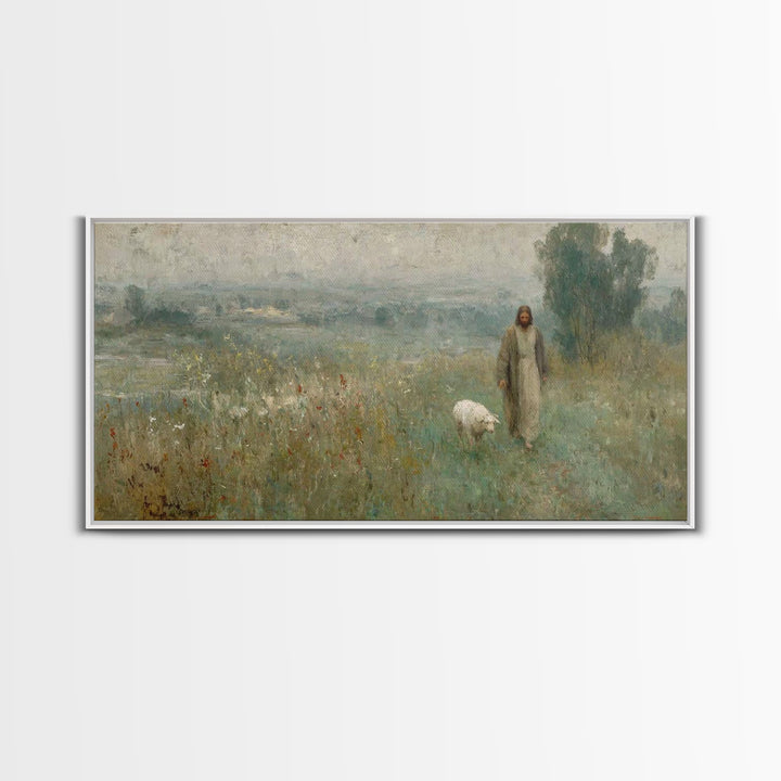 Misty Shepherd Journey – Framed Canvas Print – Christian Christmas Art – Christian Paintings – Jesus Art Print – Christian Art Canvas – Hop