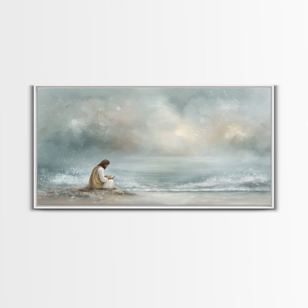 Shoreline Hope – Framed Canvas Print – Christian Art Canvas – Christian Wall Art – Jesus Painting – Minimalist Christian Art – Christian Gi