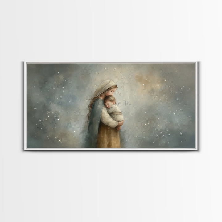 Starry Night Tenderness – Framed Canvas Print – Christian Christmas Art – Christian Art Gift – Mary and Jesus Painting – Christian Wall Art