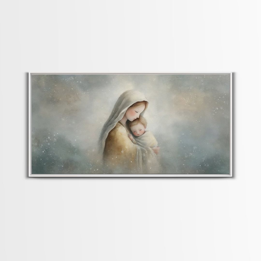 Snowfall Grace – Framed Canvas Print – Christmas Art – Christian Wall Art – Christian Art Canvas – Mary And Jesus Painting – Christian Gift