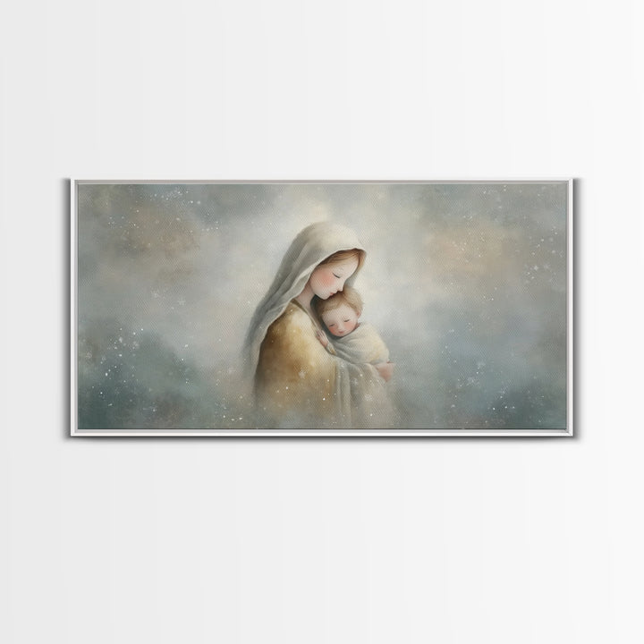 Snowfall Grace – Framed Canvas Print – Christmas Art – Christian Wall Art – Christian Art Canvas – Mary And Jesus Painting – Christian Gift