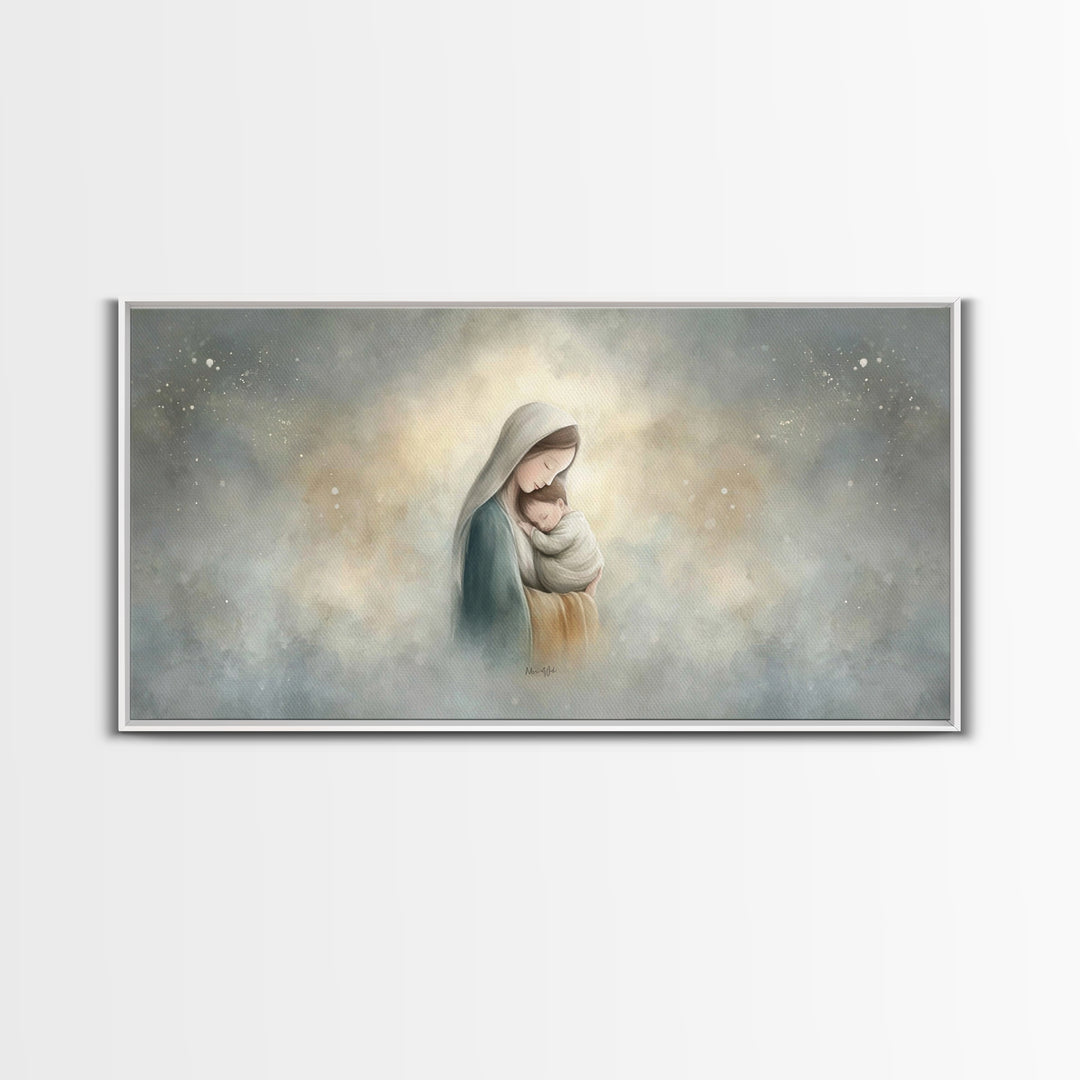 Sacred Embrace – Framed Canvas Print – Christian Art Canvas – Christian Wall Art – Jesus Painting – Christmas Art – Christian Christmas
