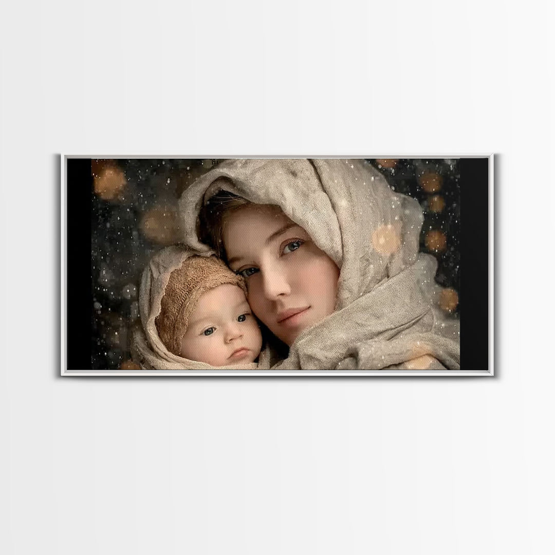Winter Haven | Framed Canvas Print | Christian Wall Art | Christian Art Canvas | Mary And Jesus Painting | Christmas Art | Christian Art