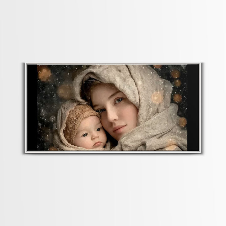 Winter Haven | Framed Canvas Print | Christian Wall Art | Christian Art Canvas | Mary And Jesus Painting | Christmas Art | Christian Art