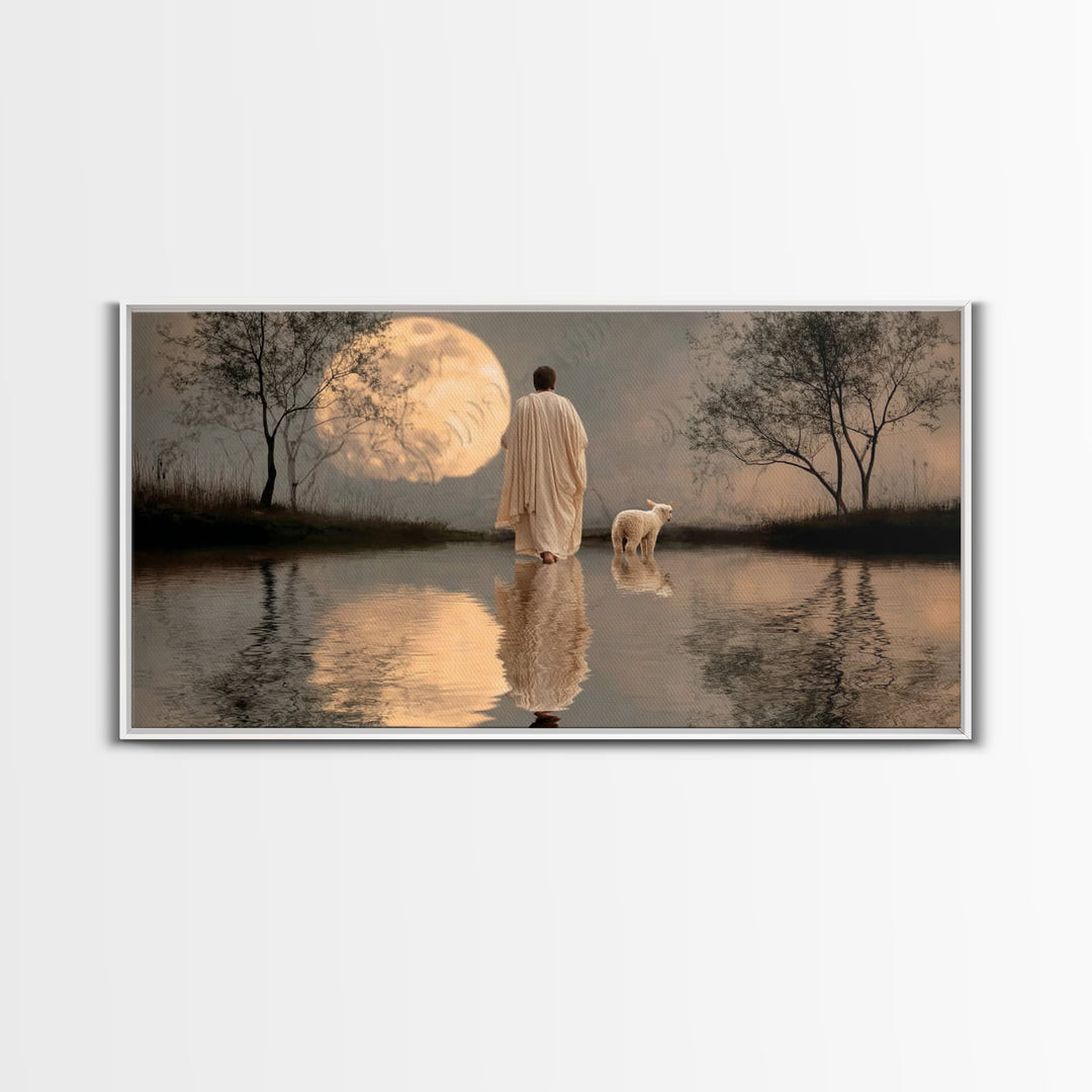 Moonlit Shepherd Calm – Framed Canvas Print – Christian Art Canvas – Christian Wall Art – Jesus Painting – Christian Christmas Art