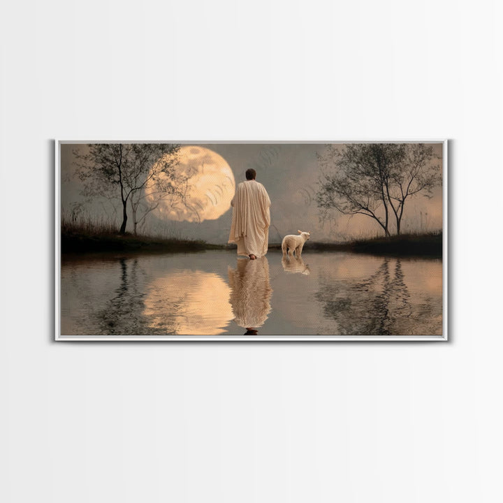 Moonlit Shepherd Calm – Framed Canvas Print – Christian Art Canvas – Christian Wall Art – Jesus Painting – Christian Christmas Art