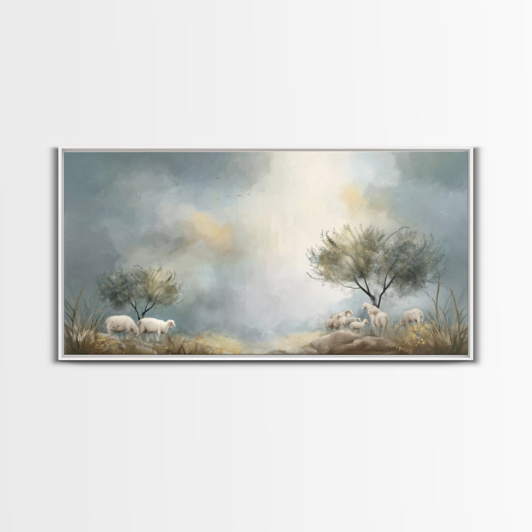 Sacred Pasture Stillness – Framed Canvas Print – Christian Art Print – Jesus Painting – Christian Wall Art – Christmas Canvas Wall Art – Ch