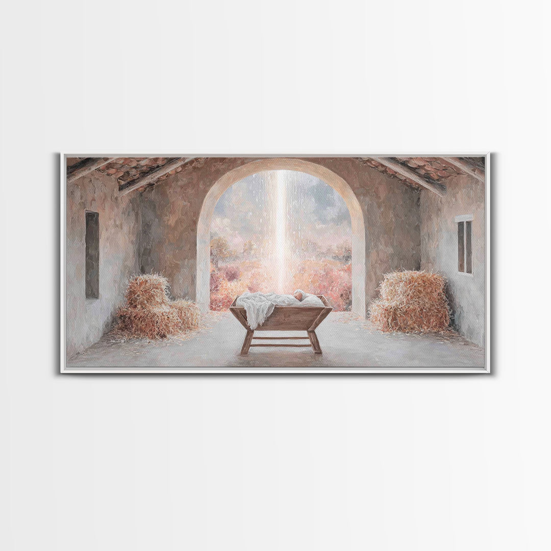 Blessed Manger Light – Framed Canvas Print – Christian Wall Art – Christian Art Canvas – Christmas Art – Christian Christmas Decor