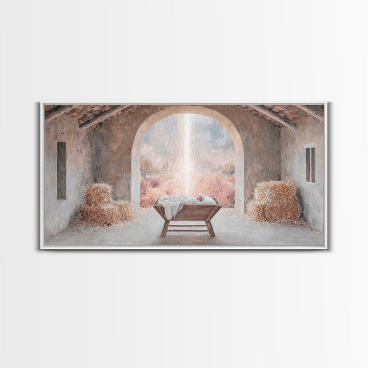 Blessed Manger Light – Framed Canvas Print – Christian Wall Art – Christian Art Canvas – Christmas Art – Christian Christmas Decor