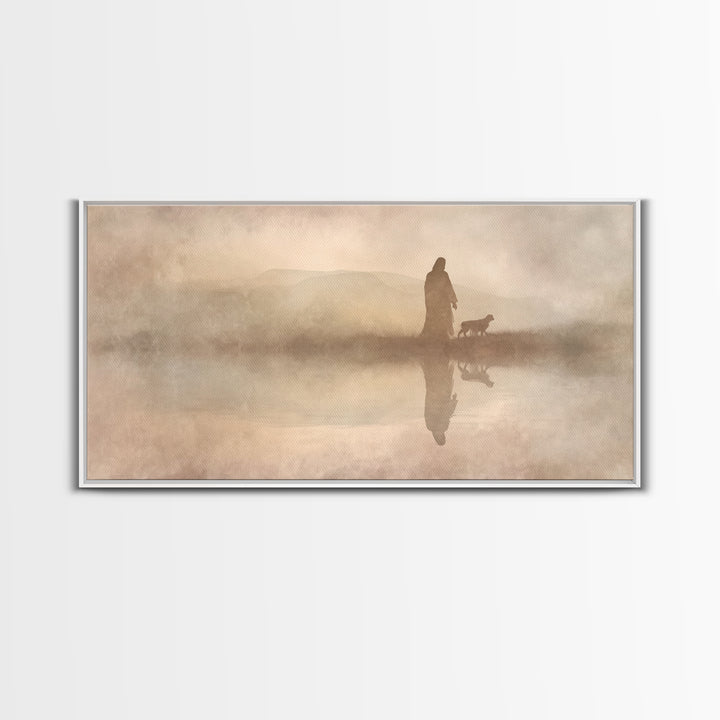 Shepherd In The Mist - Framed Canvas Print - Christian Art Canvas - Christian Christmas Art - Jesus Painting - Christian Wall Art