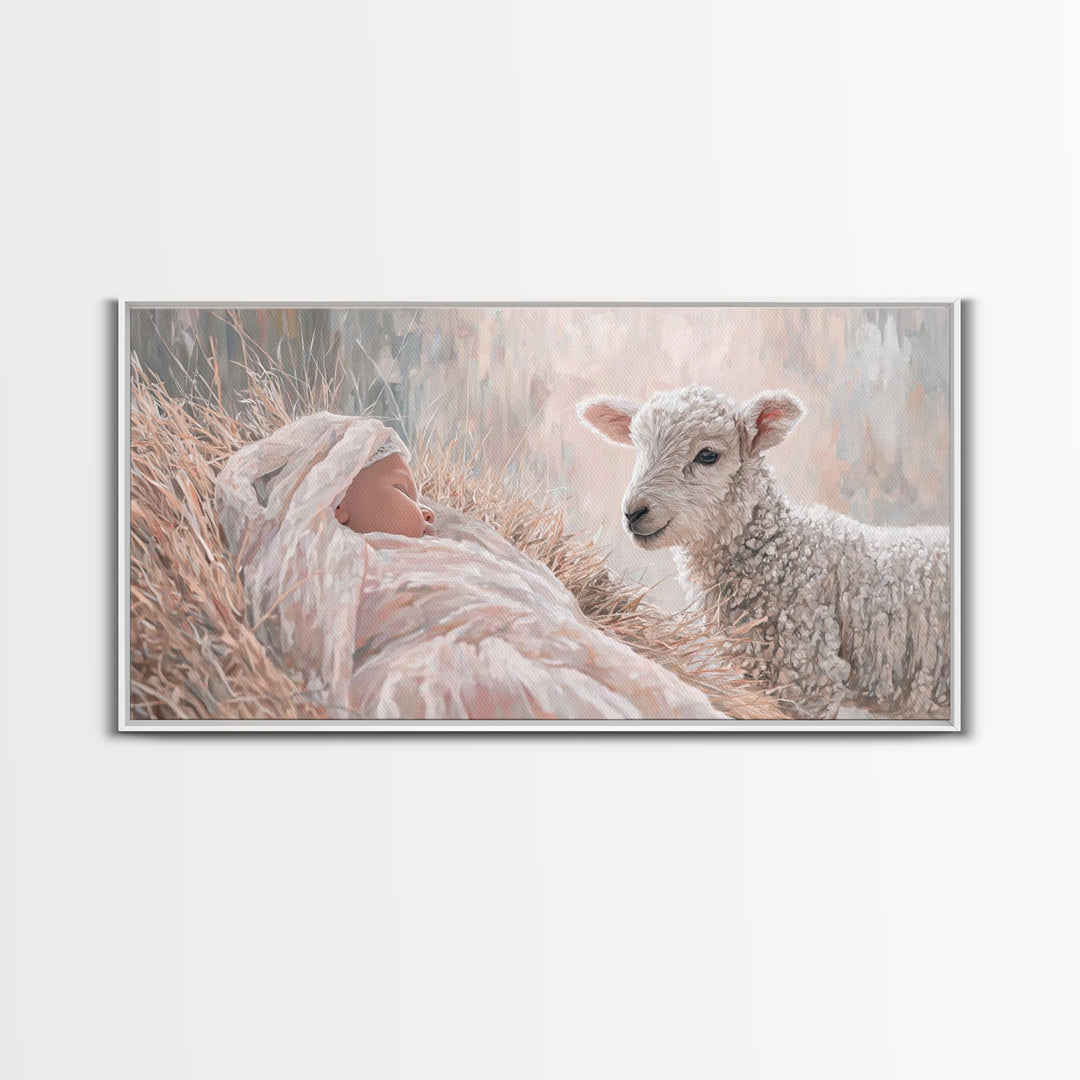 Lamb and Child – Framed Canvas Print – Jesus Painting – Christian Wall Art – Christian Art Canvas – Christian Christmas Art – Christian Dec