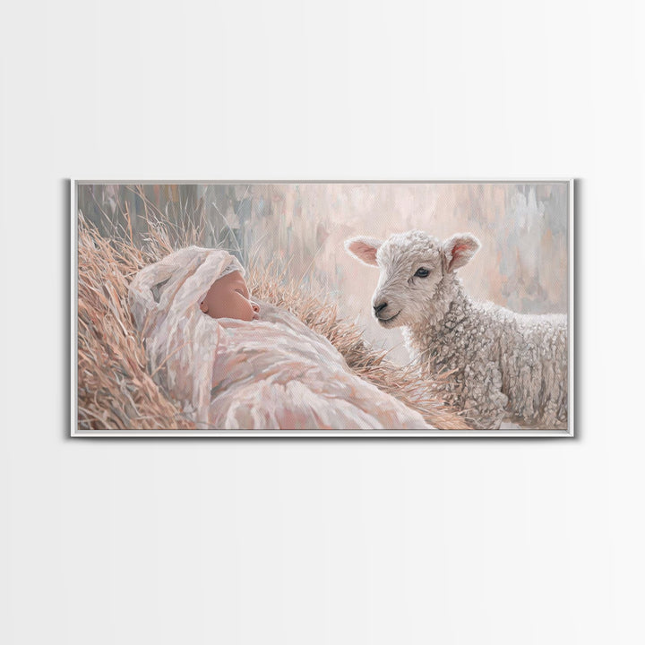 Lamb and Child – Framed Canvas Print – Jesus Painting – Christian Wall Art – Christian Art Canvas – Christian Christmas Art – Christian Dec
