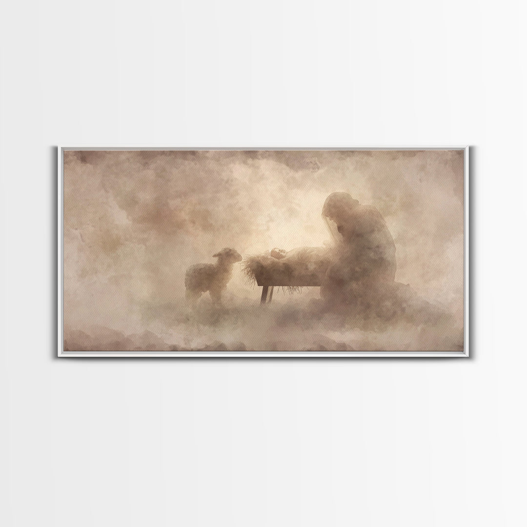 Holy Night Serenity, Framed Canvas Print, Christian Wall Art, Christian Art Canvas, Jesus Painting, Christian Christmas Art
