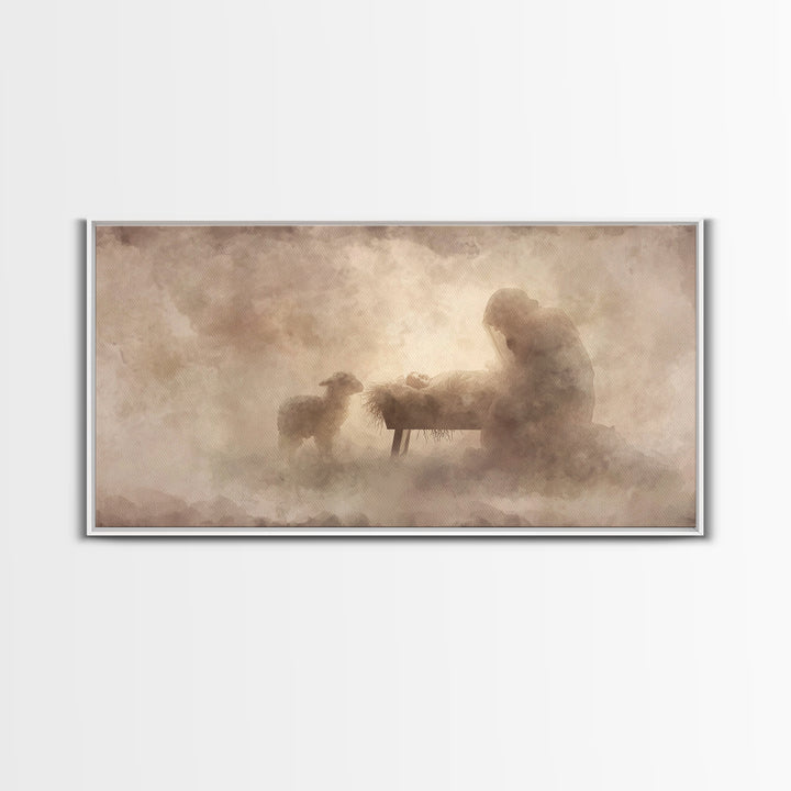 Holy Night Serenity, Framed Canvas Print, Christian Wall Art, Christian Art Canvas, Jesus Painting, Christian Christmas Art