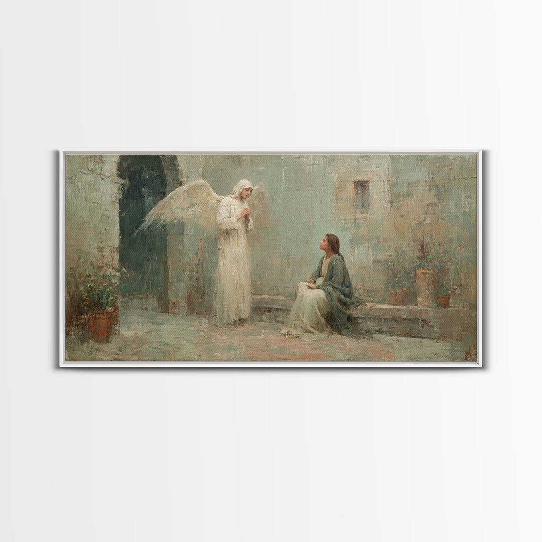 Courtyard Angel – Framed Canvas Print – Christian Art Canvas – Vintage Christian Art – Christian Wall Art – Christian Christmas Art