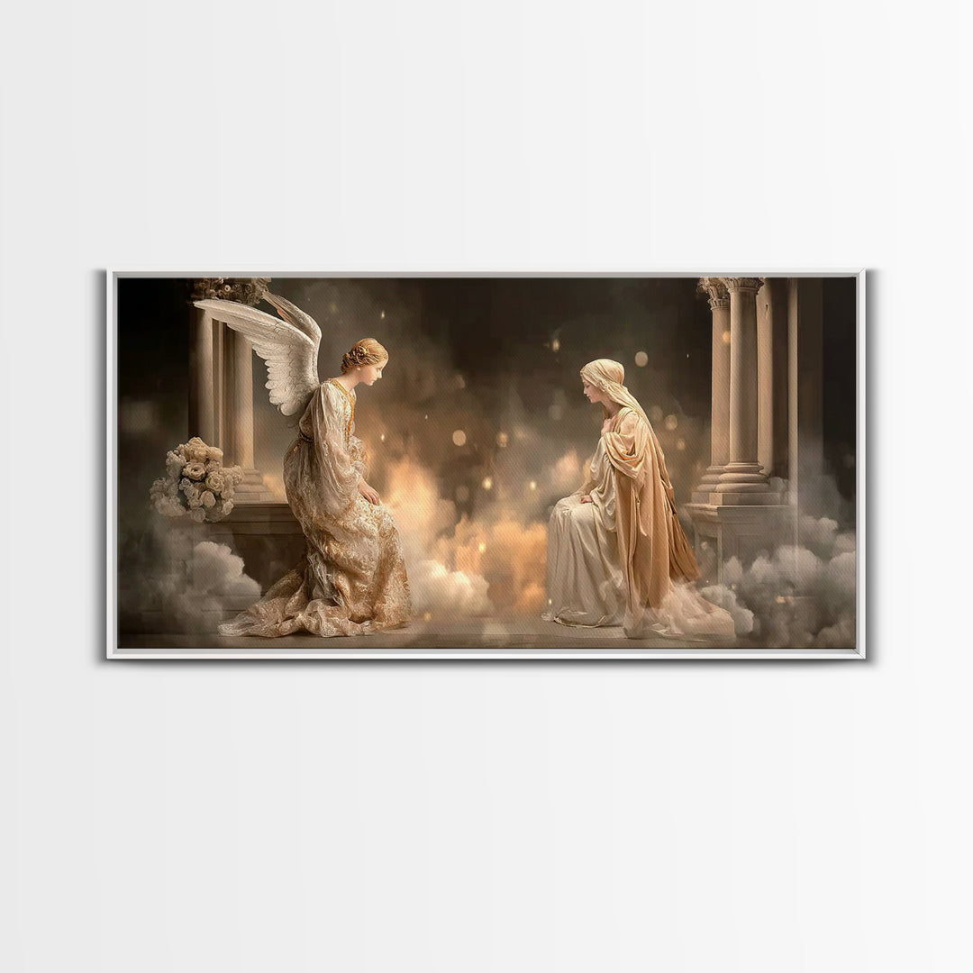 Golden Annunciation, Framed Canvas Print, Christian Wall Art, Jesus Painting, Christian Art Canvas, Christian Christmas Art, Christian Deco
