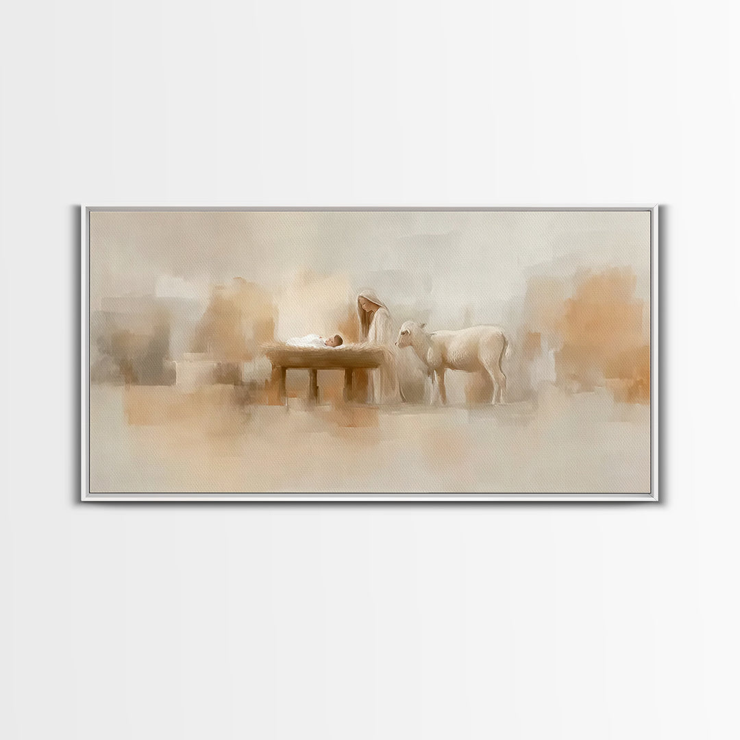 Gentle Manger Grace | Framed Canvas Print | Christian Art Canvas | Christian Wall Art | Birth Of Jesus Painting | Christmas Art | Christian