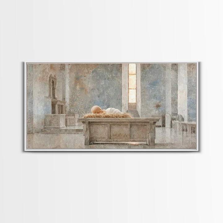 Sanctuary Manger Stillness | Framed Canvas Print | Christian Wall Art | Christian Art Canvas | Christian Christmas Art | Christmas Wall Art