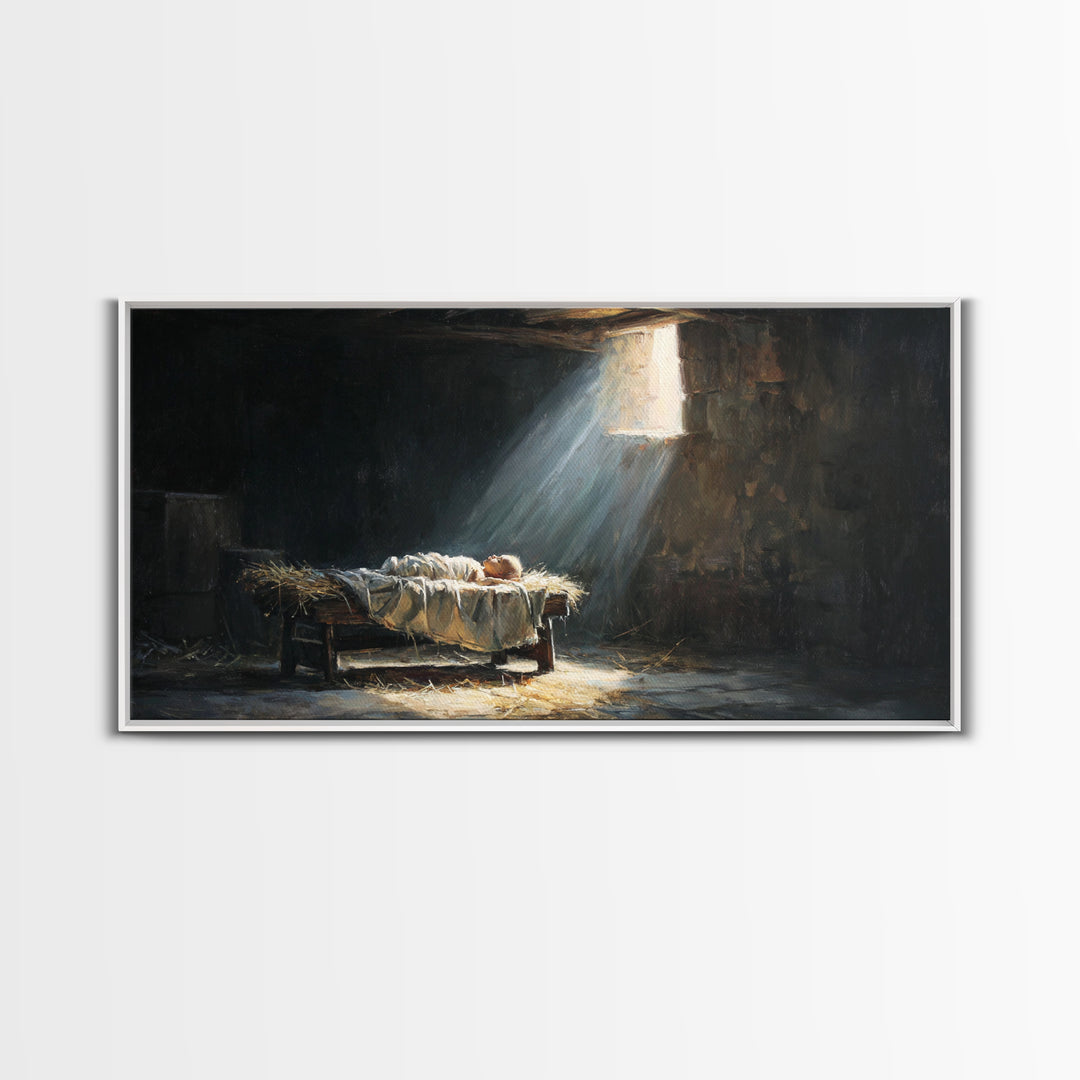 Manger Light Dawn | Framed Canvas Print | Christian Christmas Art | Christian Art Canvas | Christian Wall Art | Birth Of Jesus Painting | C