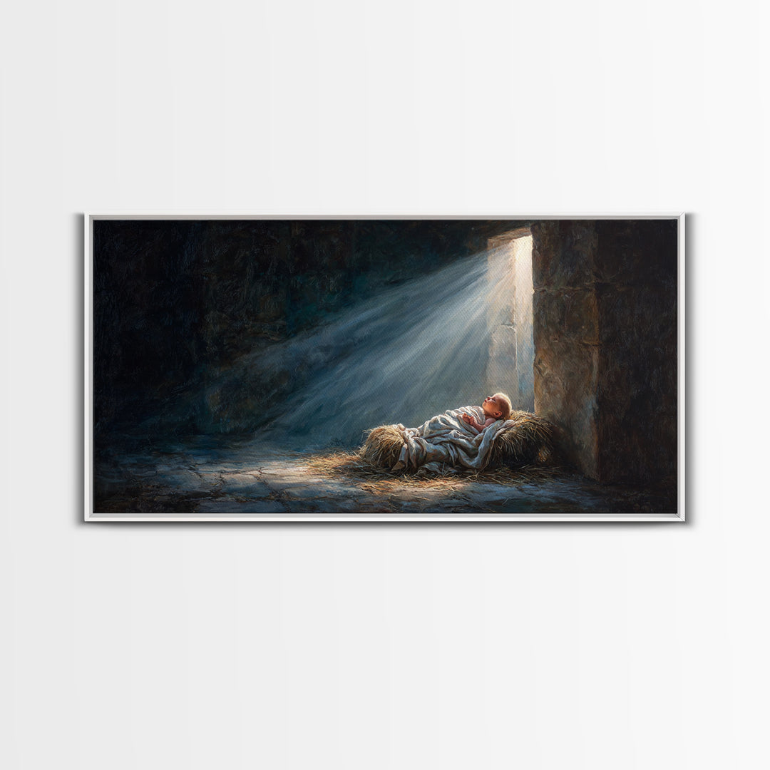 Manger Light Peace – Framed Canvas Print – Christian Art Canvas – Christmas Wall Art – Jesus Painting – Christian Christmas Art – Christian