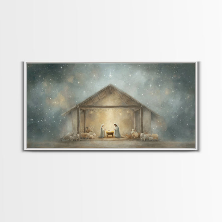 Holy Night Shelter – Framed Canvas Print – Christian Christmas Art – Framed Christmas Wall Art – Christian Art Canvas – Christmas Art Work
